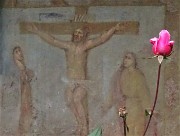 98 Alla contrada Acquada rosa al rustico affresco della crocifissione su  parete di casa contadina